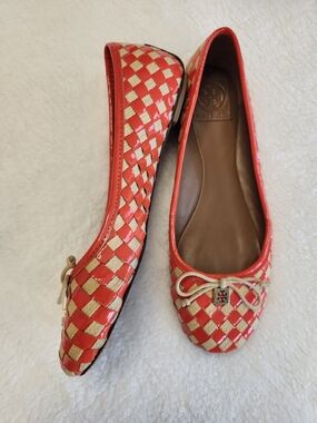 Tory Burch Orange and Tan Woven Ballet Flats